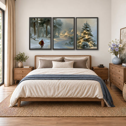 A child in a red coat walking through snowy evergreen trees toward a warmly lit village 3 piece framed canvas wall art styled in an interior