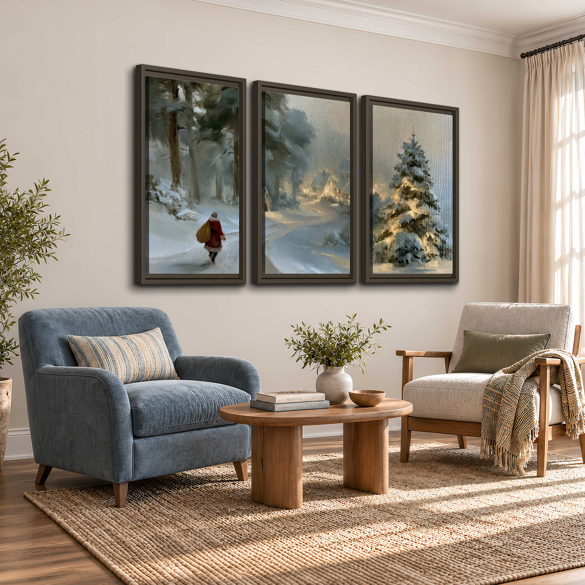 A child in a red coat walking through snowy evergreen trees toward a warmly lit village 3 piece framed canvas wall art styled in an interior