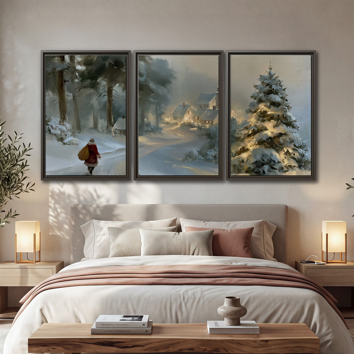 A child in a red coat walking through snowy evergreen trees toward a warmly lit village 3 piece framed canvas wall art displayed in a bedroom
