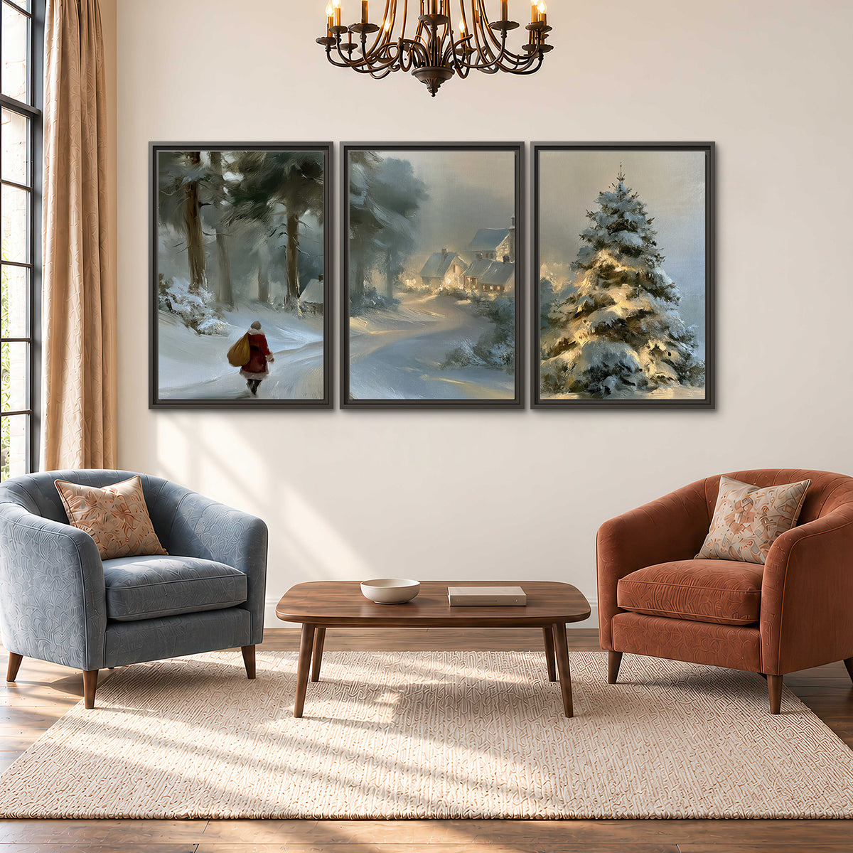 A child in a red coat walking through snowy evergreen trees toward a warmly lit village 3 piece framed canvas wall art styled in an interior