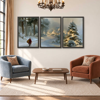 A child in a red coat walking through snowy evergreen trees toward a warmly lit village 3 piece framed canvas wall art styled in an interior