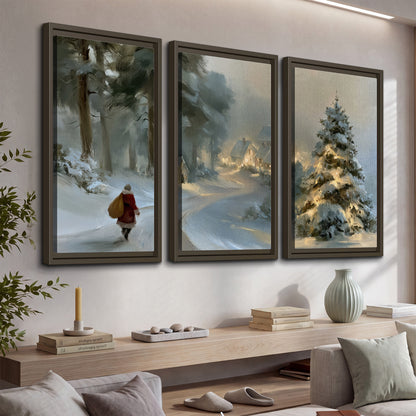 A child in a red coat walking through snowy evergreen trees toward a warmly lit village 3 piece framed canvas wall art displayed in a console