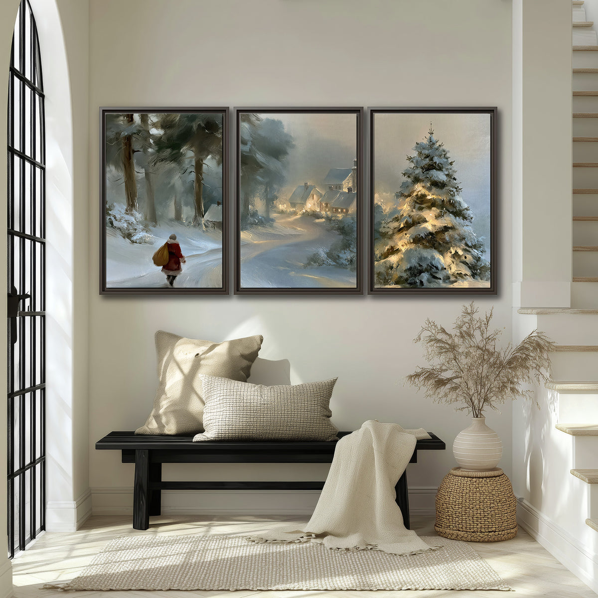 A child in a red coat walking through snowy evergreen trees toward a warmly lit village 3 piece framed canvas wall art displayed in a entryway