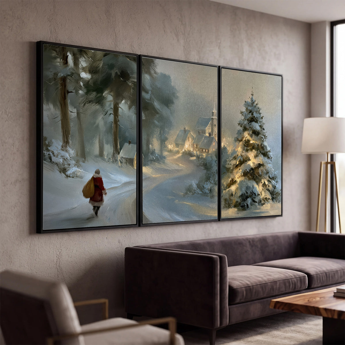 A child in a red coat walking through snowy evergreen trees toward a warmly lit village 3 piece framed canvas wall art displayed in a modern living room