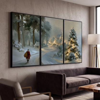 A child in a red coat walking through snowy evergreen trees toward a warmly lit village 3 piece framed canvas wall art displayed in a modern living room