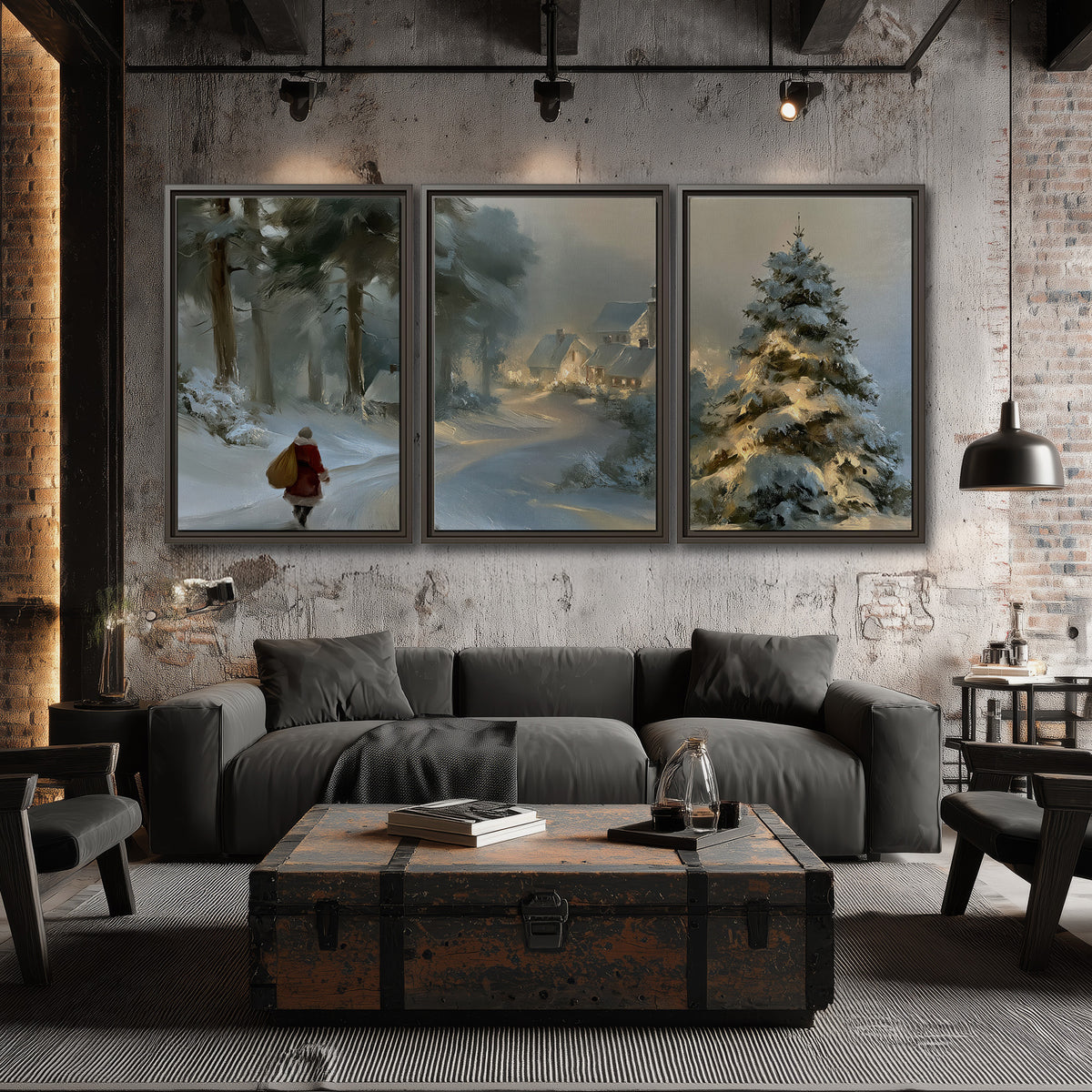 A child in a red coat walking through snowy evergreen trees toward a warmly lit village 3 piece framed canvas wall art displayed in a industrial room