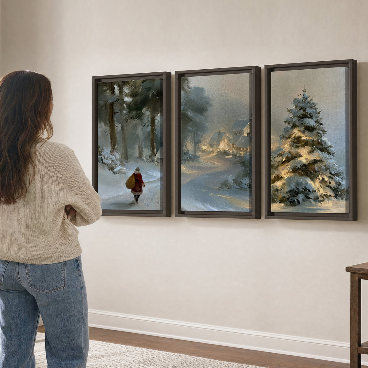 A child in a red coat walking through snowy evergreen trees toward a warmly lit village 3 piece framed canvas wall art three panel arrangement on a wall