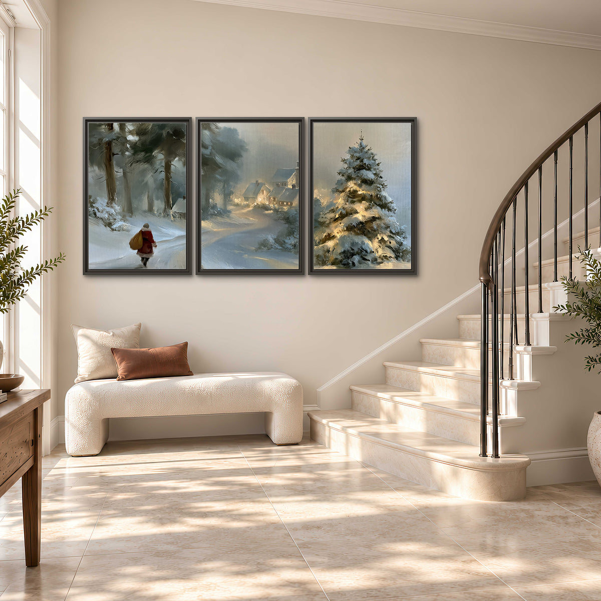 A child in a red coat walking through snowy evergreen trees toward a warmly lit village 3 piece framed canvas wall art styled in an interior
