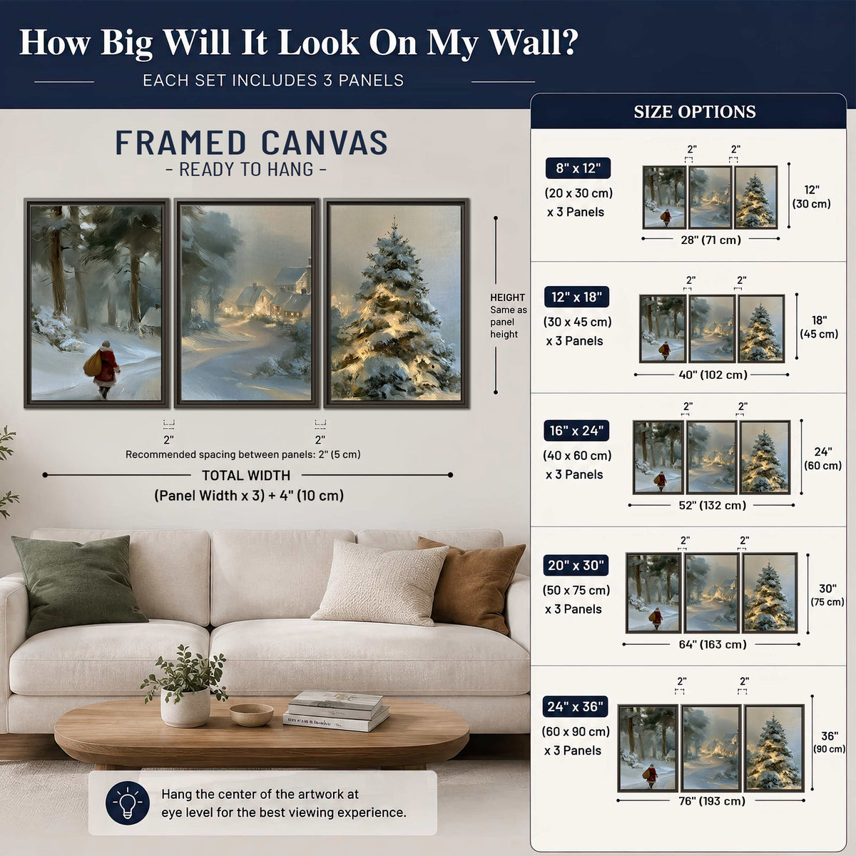 A child in a red coat walking through snowy evergreen trees toward a warmly lit village 3 piece framed canvas wall art size guide above a sofa; room view is illustrative