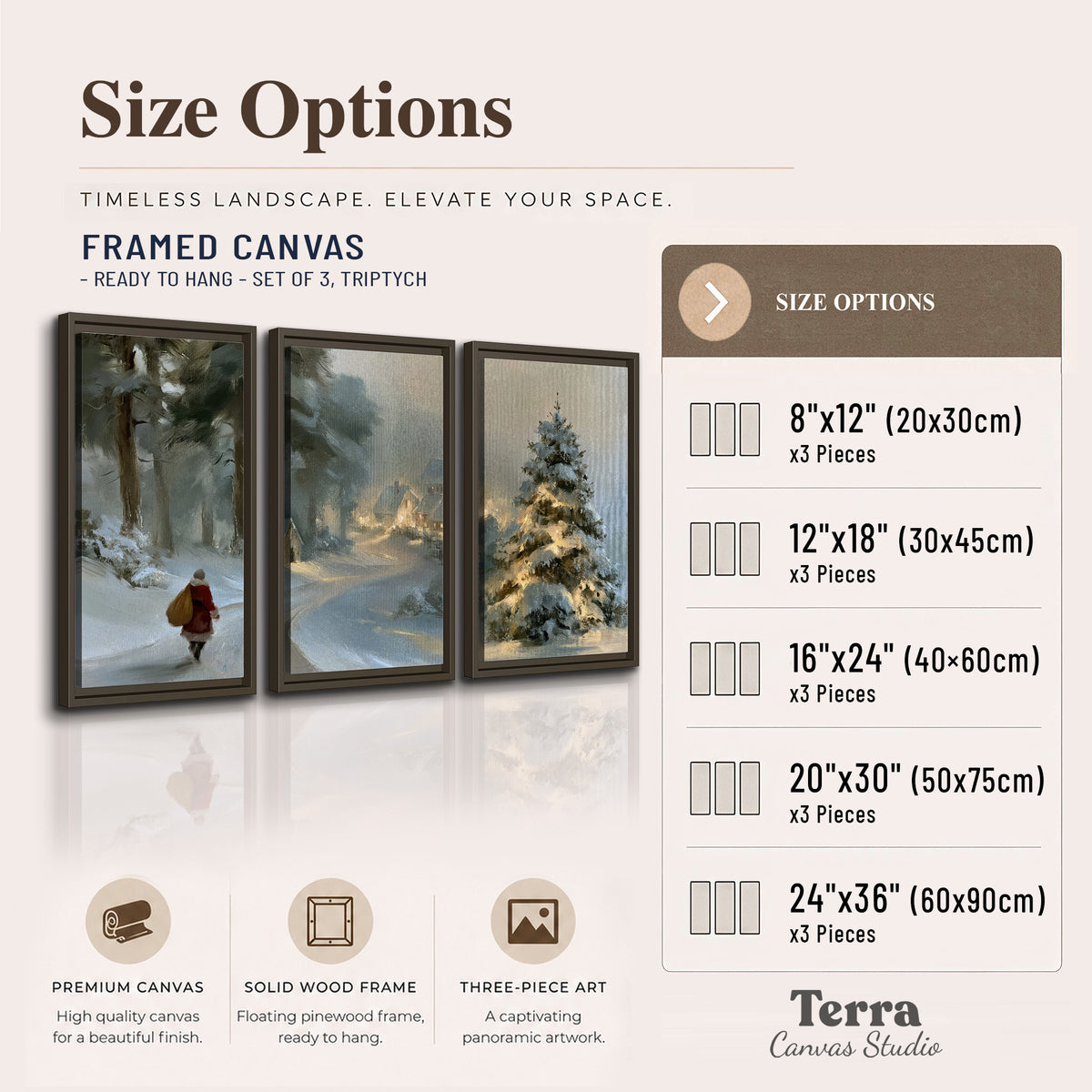 A child in a red coat walking through snowy evergreen trees toward a warmly lit village 3 piece framed canvas wall art available dimensions; triptych dimensions are per panel