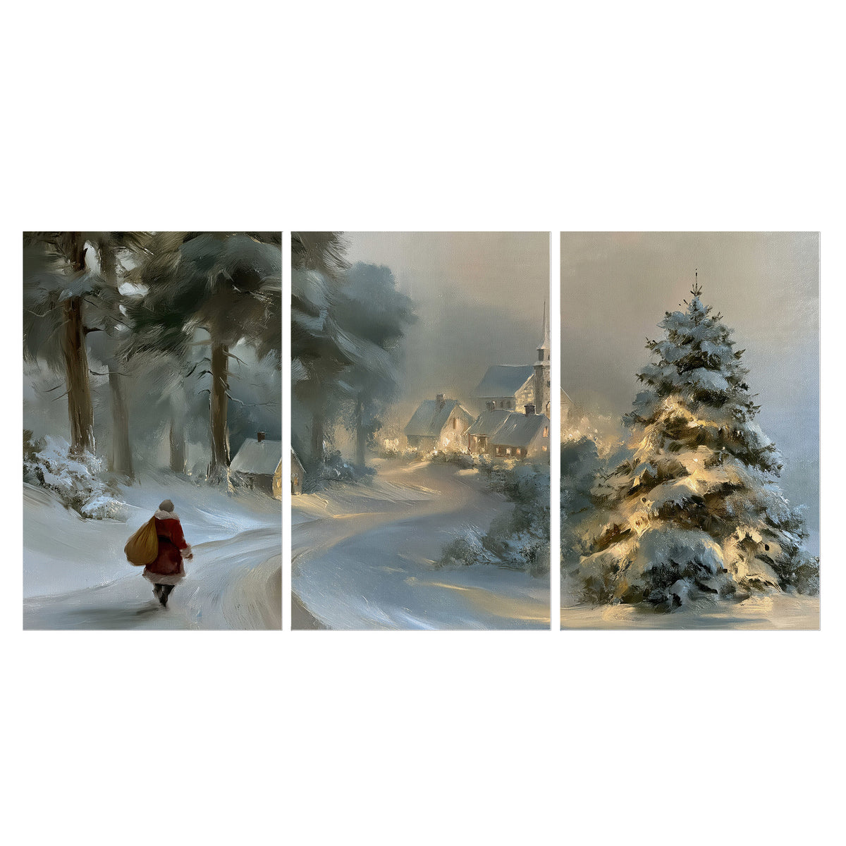 A child in a red coat walking through snowy evergreen trees toward a warmly lit village set of 3 poster prints viewed straight on