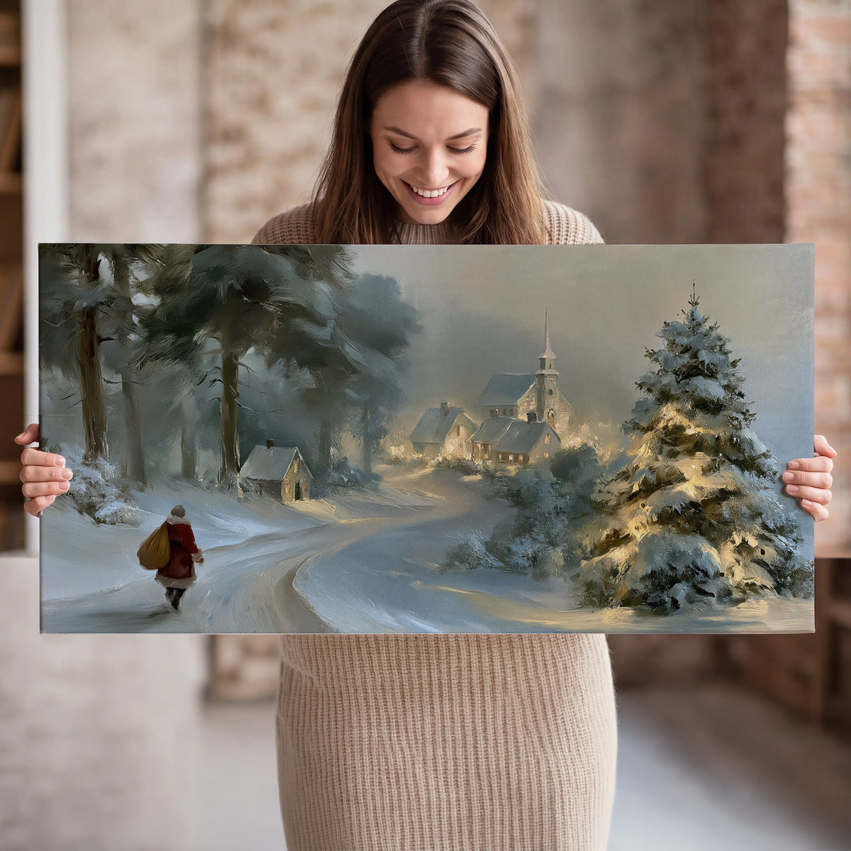 A child in a red coat walking through snowy evergreen trees toward a warmly lit village single canvas wall art held in hands