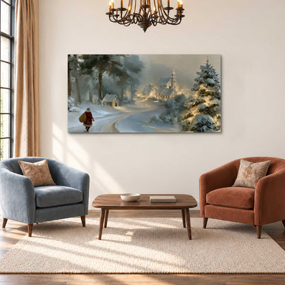 A child in a red coat walking through snowy evergreen trees toward a warmly lit village single canvas wall art styled in an interior