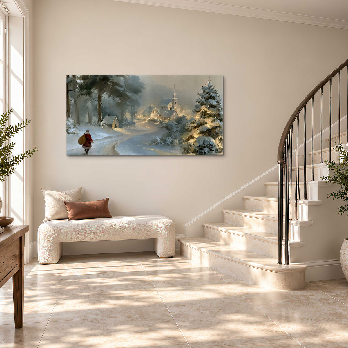 A child in a red coat walking through snowy evergreen trees toward a warmly lit village single canvas wall art styled in an interior