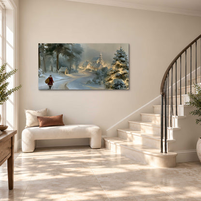 A child in a red coat walking through snowy evergreen trees toward a warmly lit village single canvas wall art styled in an interior