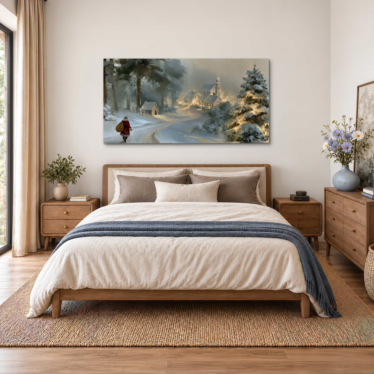 A child in a red coat walking through snowy evergreen trees toward a warmly lit village single canvas wall art styled in an interior