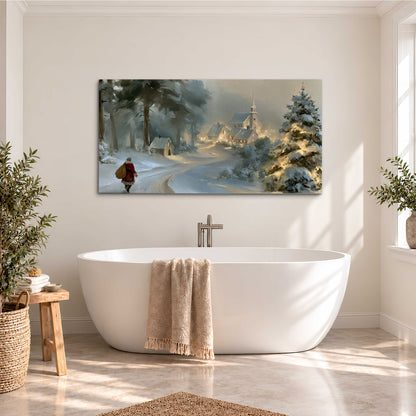A child in a red coat walking through snowy evergreen trees toward a warmly lit village single canvas wall art styled in an interior