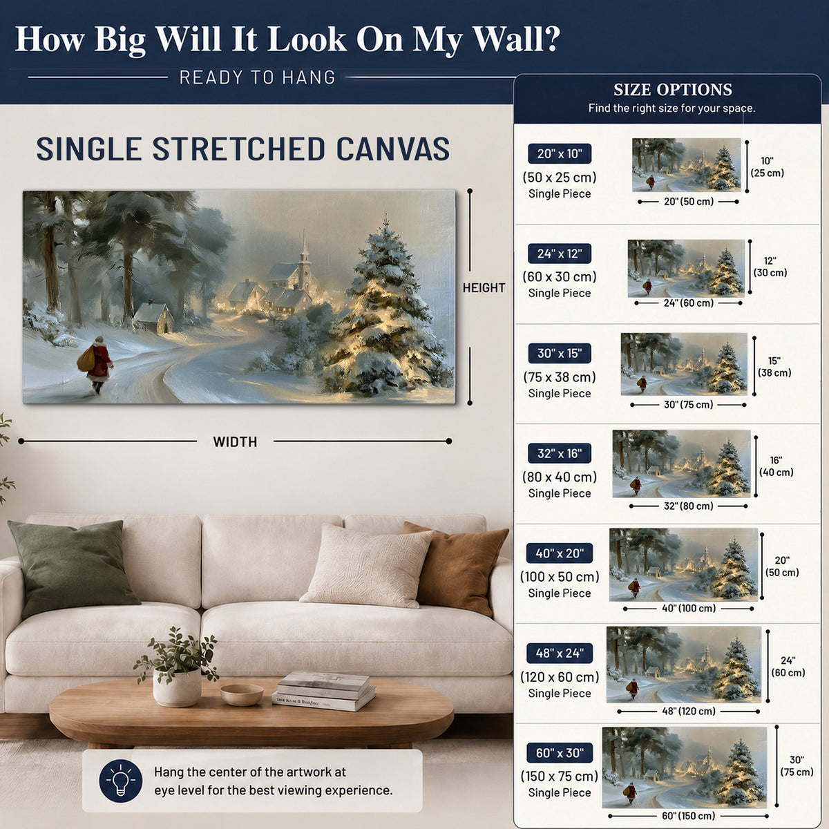 A child in a red coat walking through snowy evergreen trees toward a warmly lit village single canvas wall art size guide above a sofa; room view is illustrative