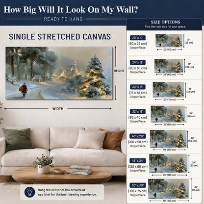 A child in a red coat walking through snowy evergreen trees toward a warmly lit village single canvas wall art size guide above a sofa; room view is illustrative