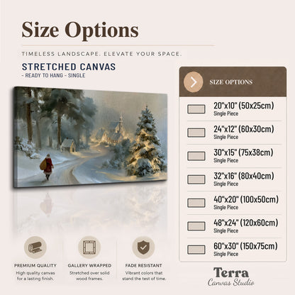 A child in a red coat walking through snowy evergreen trees toward a warmly lit village single canvas wall art available dimensions
