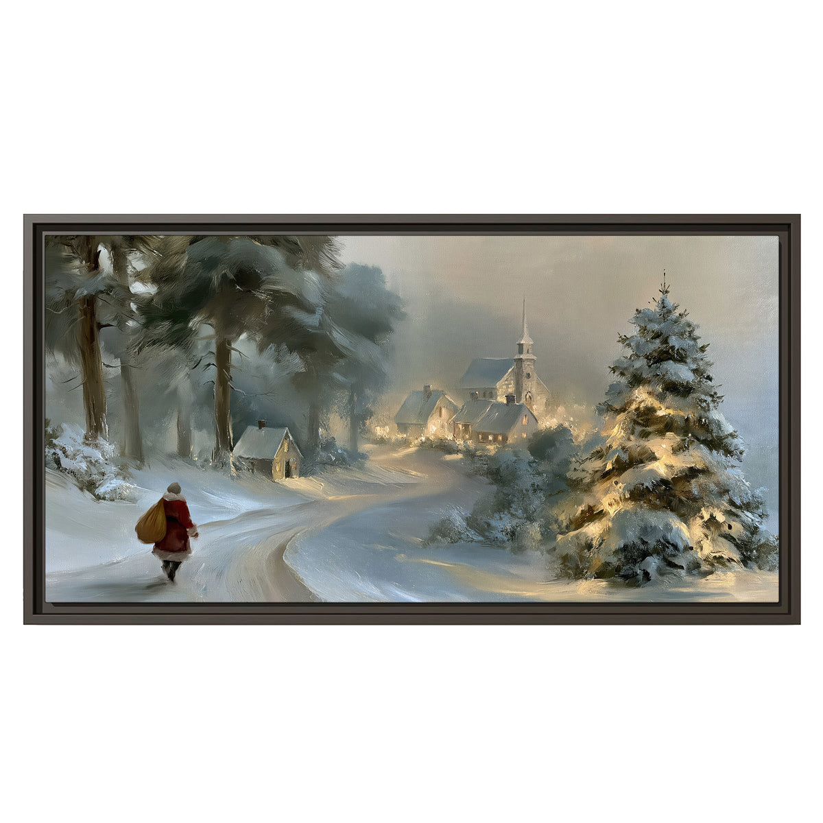 A child in a red coat walking through snowy evergreen trees toward a warmly lit village single framed canvas wall art viewed straight on