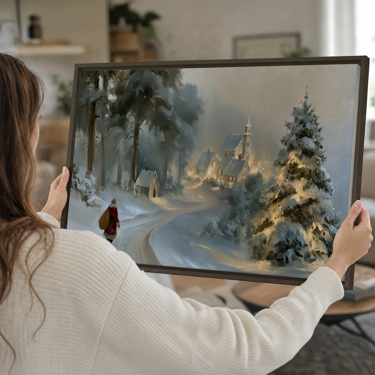A child in a red coat walking through snowy evergreen trees toward a warmly lit village single framed canvas wall art held in hands
