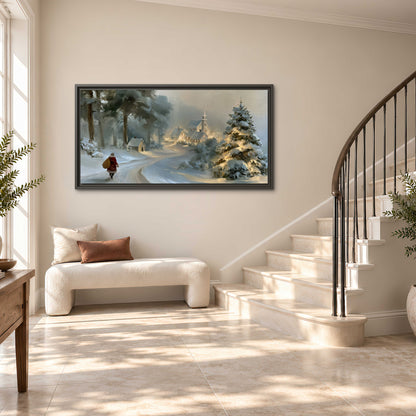 A child in a red coat walking through snowy evergreen trees toward a warmly lit village single framed canvas wall art styled in an interior