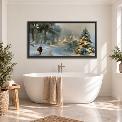 A child in a red coat walking through snowy evergreen trees toward a warmly lit village single framed canvas wall art styled in an interior