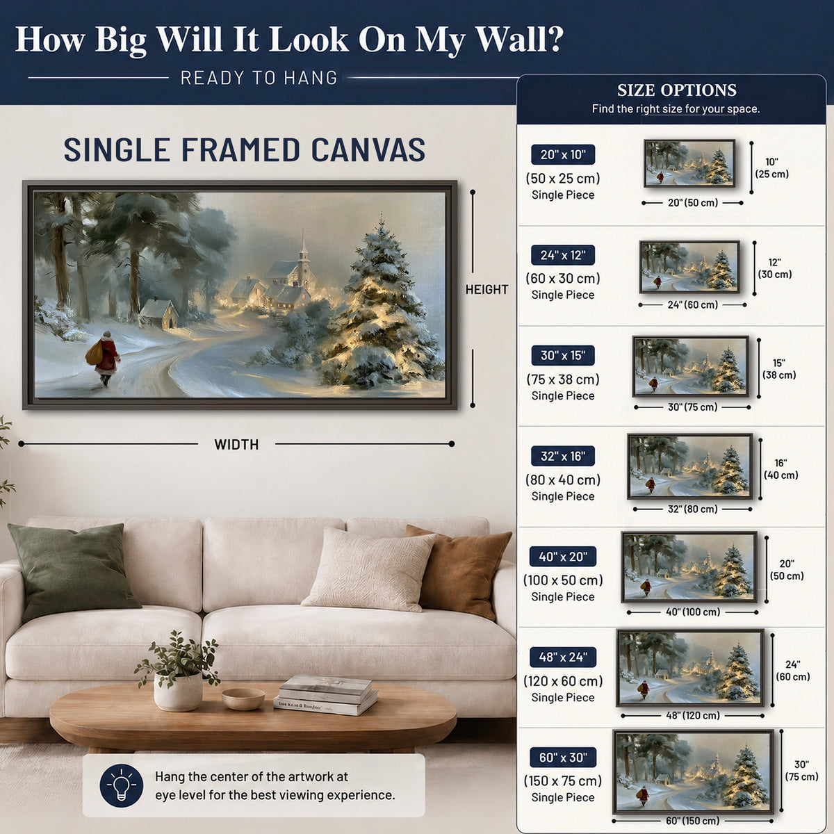 A child in a red coat walking through snowy evergreen trees toward a warmly lit village single framed canvas wall art size guide above a sofa; room view is illustrative