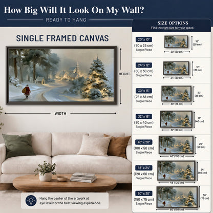 A child in a red coat walking through snowy evergreen trees toward a warmly lit village single framed canvas wall art size guide above a sofa; room view is illustrative