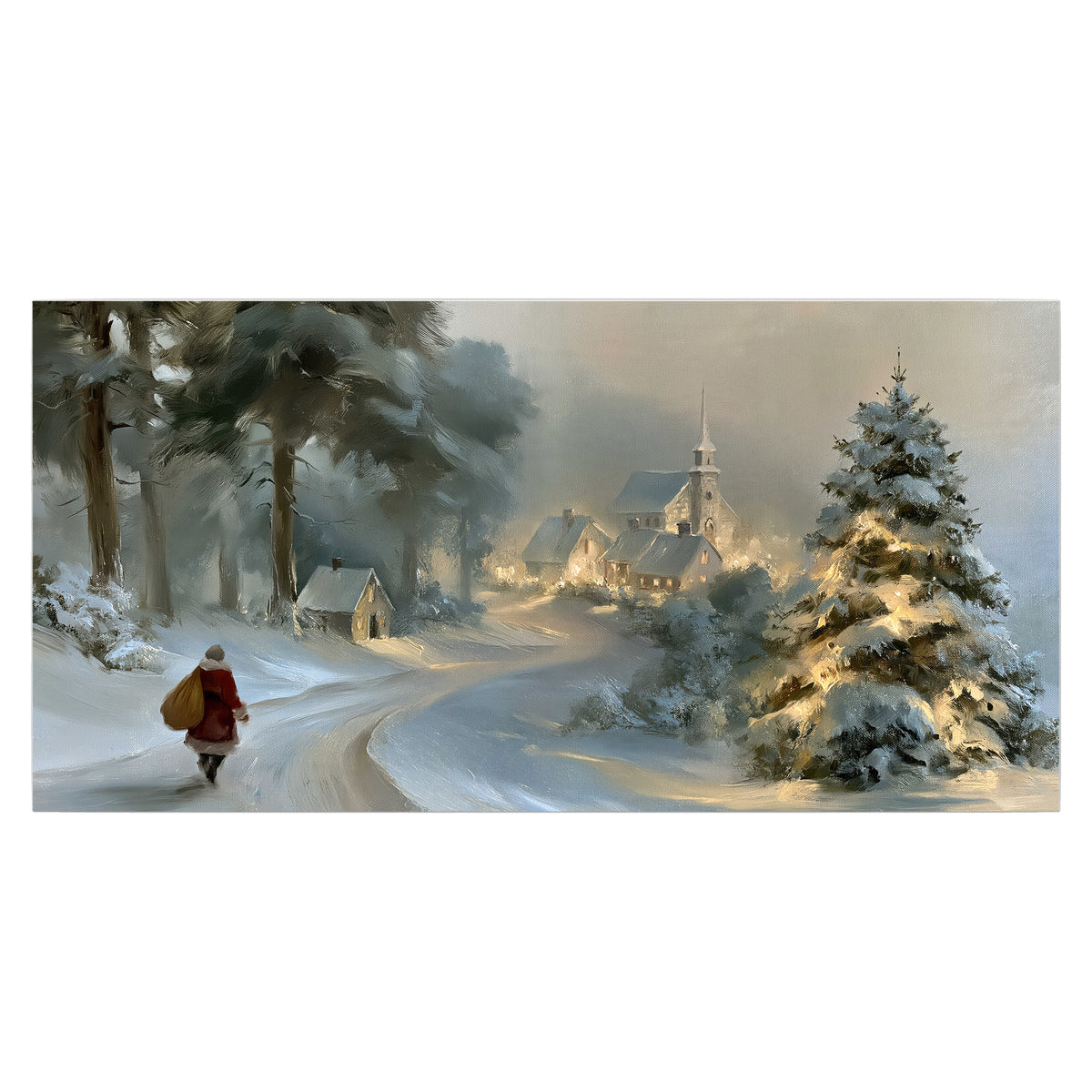 A child in a red coat walking through snowy evergreen trees toward a warmly lit village single poster print viewed straight on