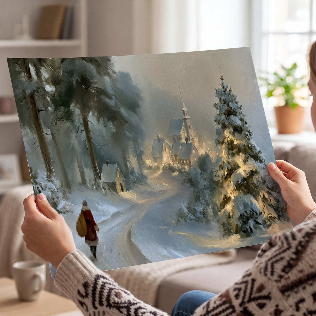 A child in a red coat walking through snowy evergreen trees toward a warmly lit village single poster print held in hands