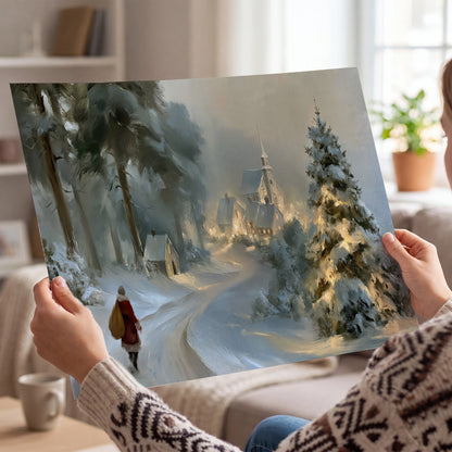 A child in a red coat walking through snowy evergreen trees toward a warmly lit village single poster print held in hands