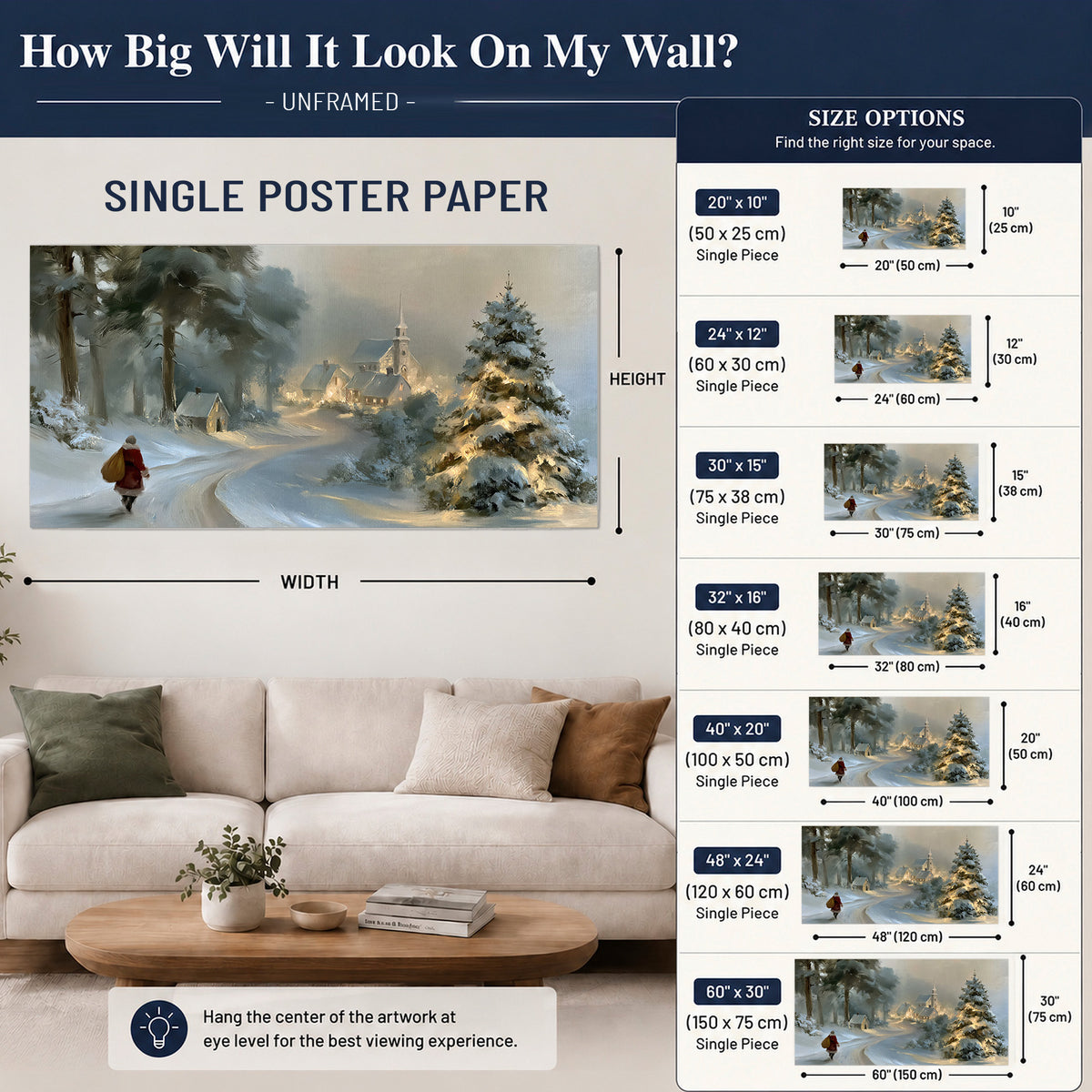 A child in a red coat walking through snowy evergreen trees toward a warmly lit village single poster print size guide above a sofa; room view is illustrative