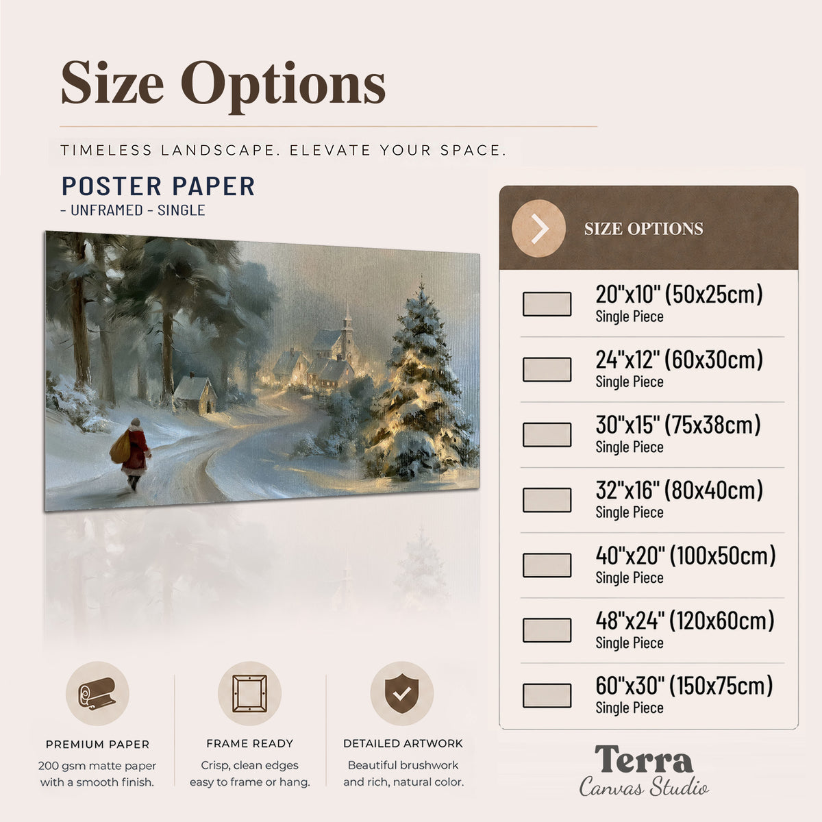 A child in a red coat walking through snowy evergreen trees toward a warmly lit village single poster print available dimensions