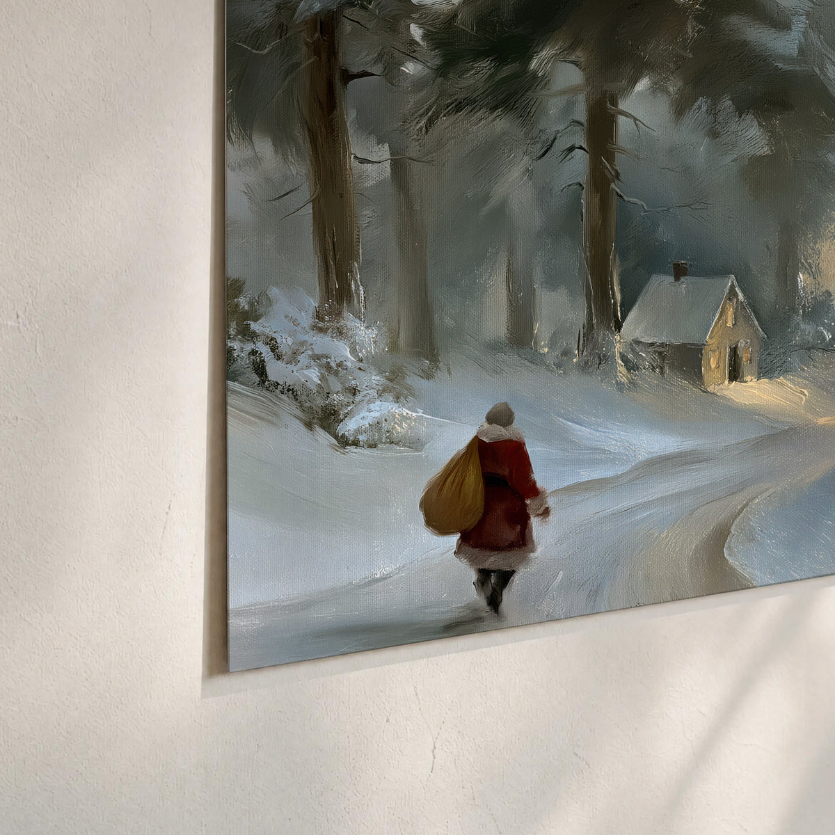 A child in a red coat walking through snowy evergreen trees toward a warmly lit village set of 3 poster prints material and edge close up