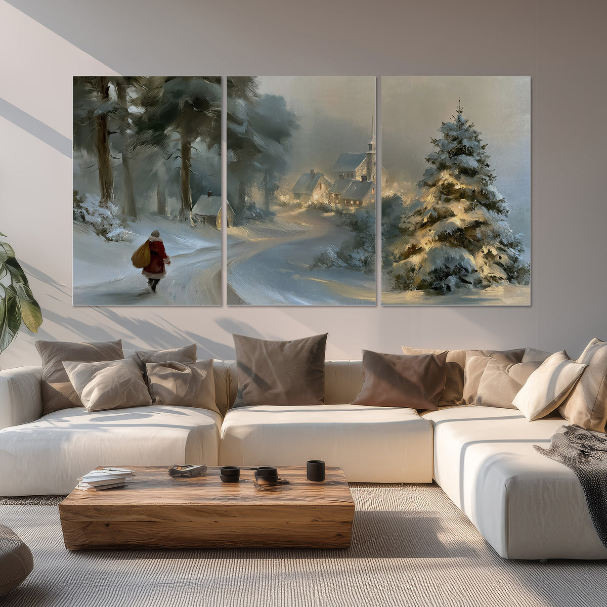 A child in a red coat walking through snowy evergreen trees toward a warmly lit village set of 3 poster prints displayed in a living room