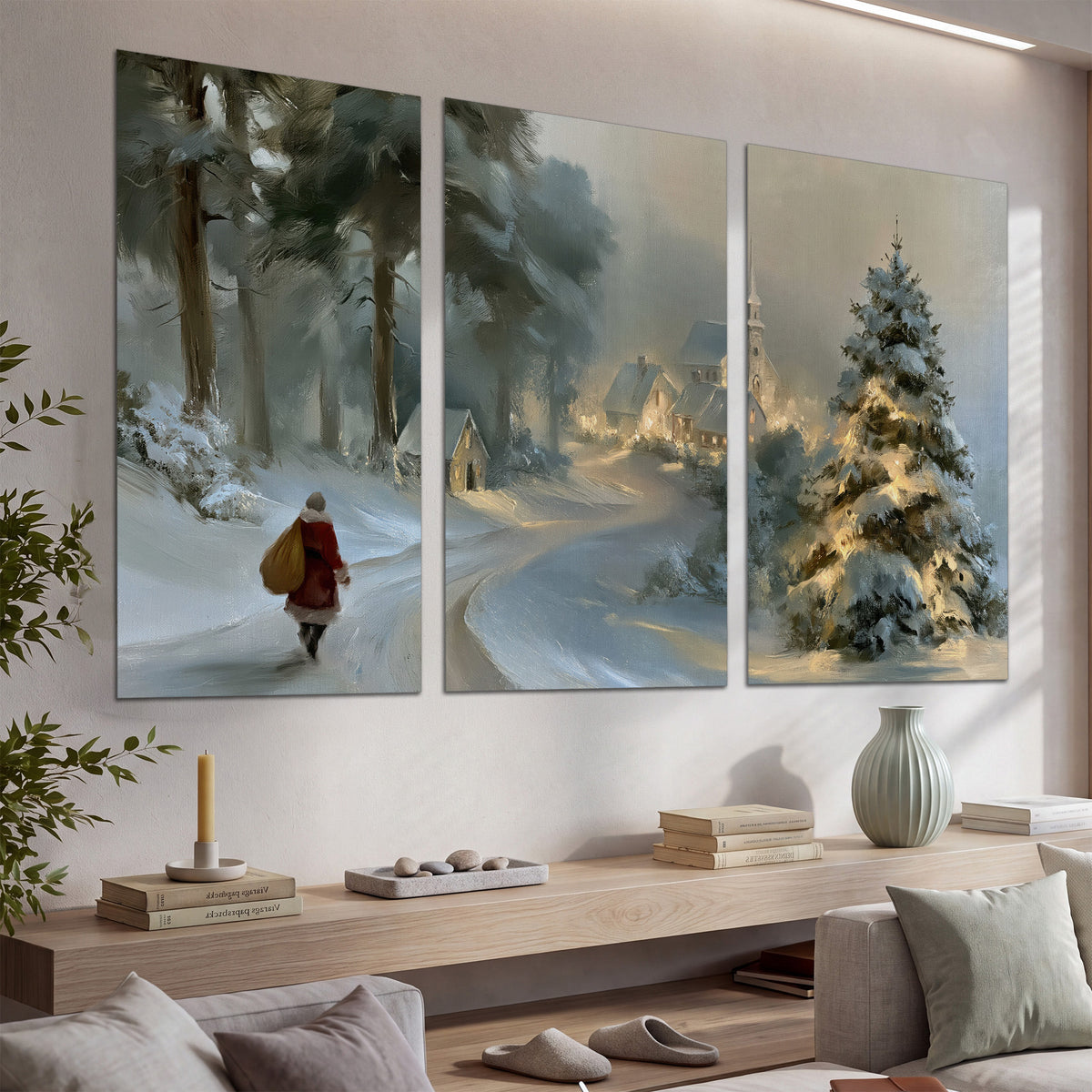 A child in a red coat walking through snowy evergreen trees toward a warmly lit village set of 3 poster prints displayed in a console