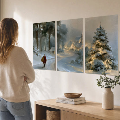 A child in a red coat walking through snowy evergreen trees toward a warmly lit village set of 3 poster prints three panel arrangement on a wall