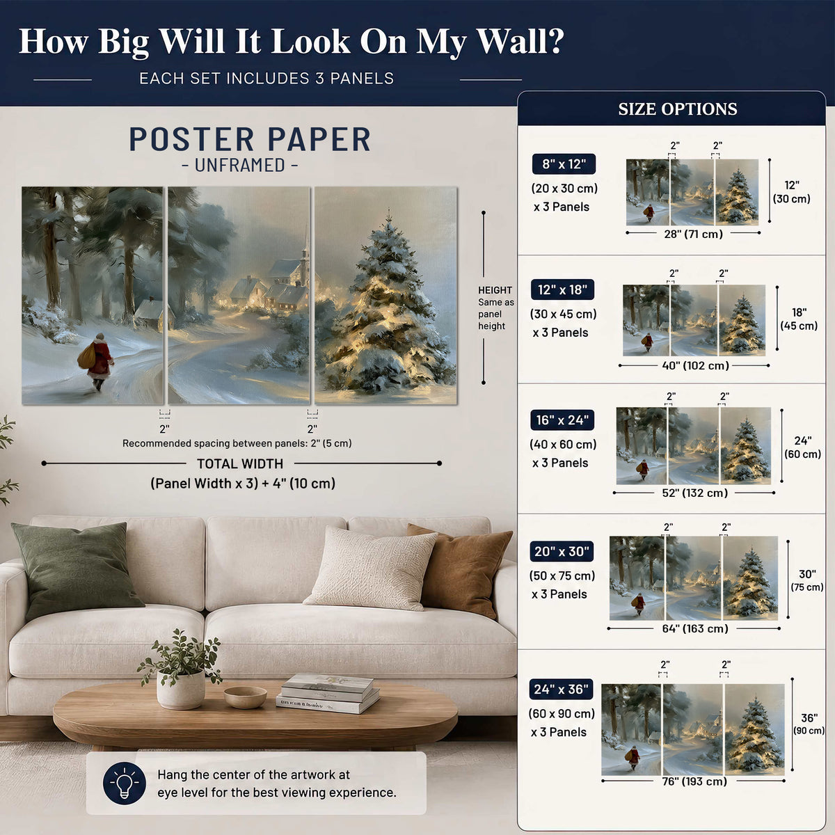 A child in a red coat walking through snowy evergreen trees toward a warmly lit village set of 3 poster prints size guide above a sofa; room view is illustrative