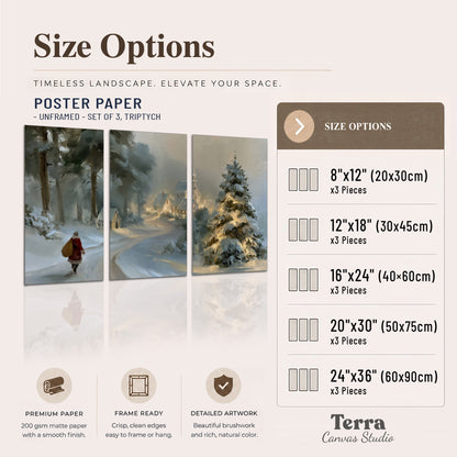 A child in a red coat walking through snowy evergreen trees toward a warmly lit village set of 3 poster prints available dimensions; triptych dimensions are per panel