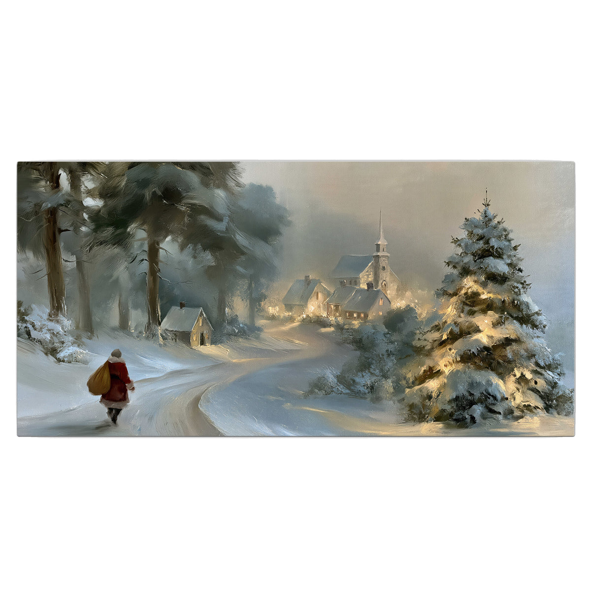 A child in a red coat walking through snowy evergreen trees toward a warmly lit village single canvas wall art viewed straight on