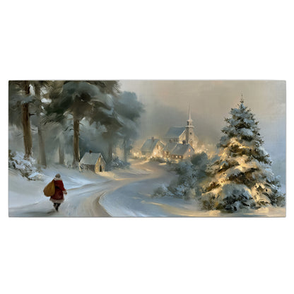 A child in a red coat walking through snowy evergreen trees toward a warmly lit village single canvas wall art viewed straight on