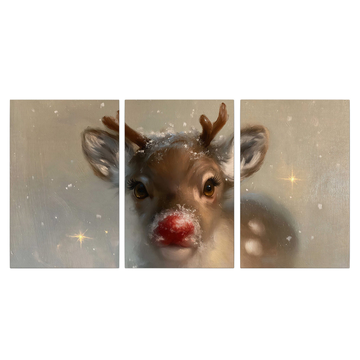 A young reindeer with a bright red nose surrounded by soft snowflakes and tiny painted stars 3 piece canvas wall art viewed straight on