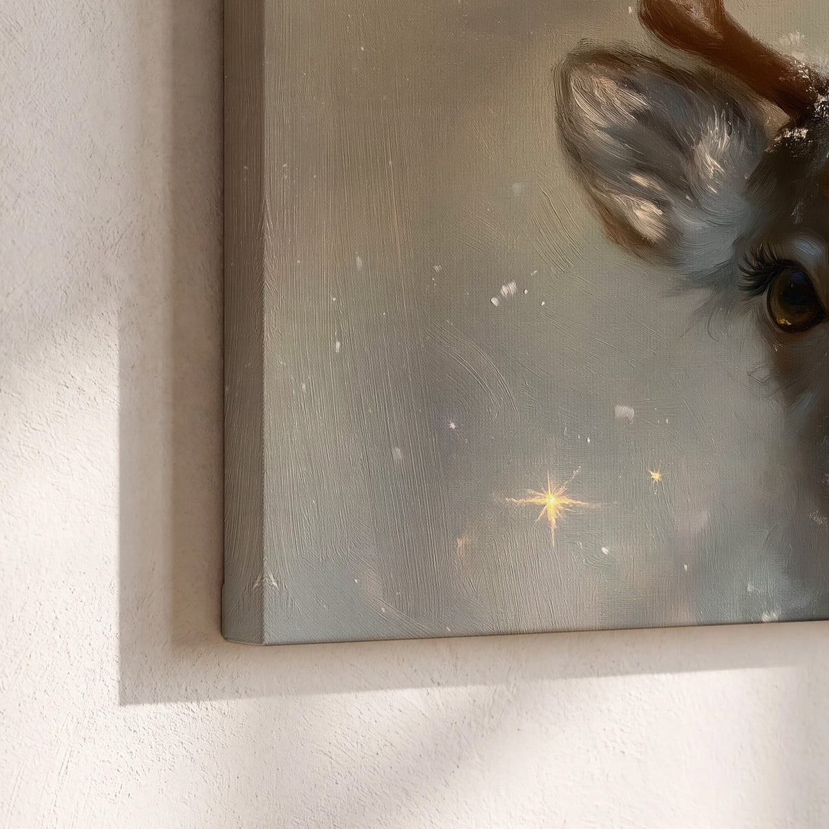A young reindeer with a bright red nose surrounded by soft snowflakes and tiny painted stars 3 piece canvas wall art material and edge close up