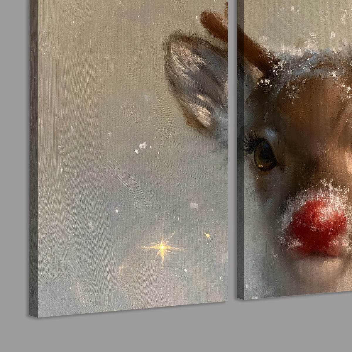 A young reindeer with a bright red nose surrounded by soft snowflakes and tiny painted stars 3 piece canvas wall art room and product view