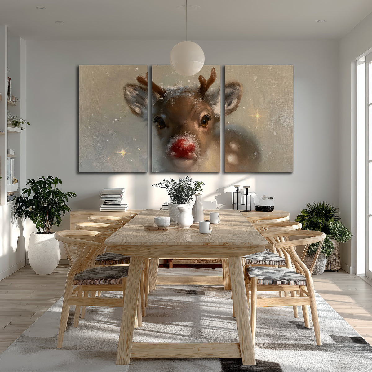 A young reindeer with a bright red nose surrounded by soft snowflakes and tiny painted stars 3 piece canvas wall art room and product view