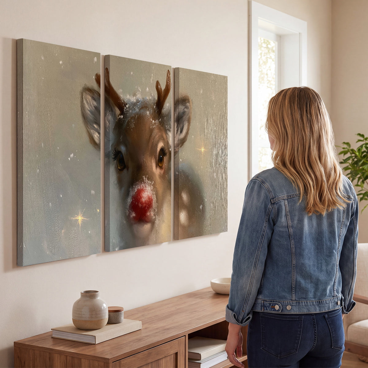 A young reindeer with a bright red nose surrounded by soft snowflakes and tiny painted stars 3 piece canvas wall art three panel arrangement on a wall