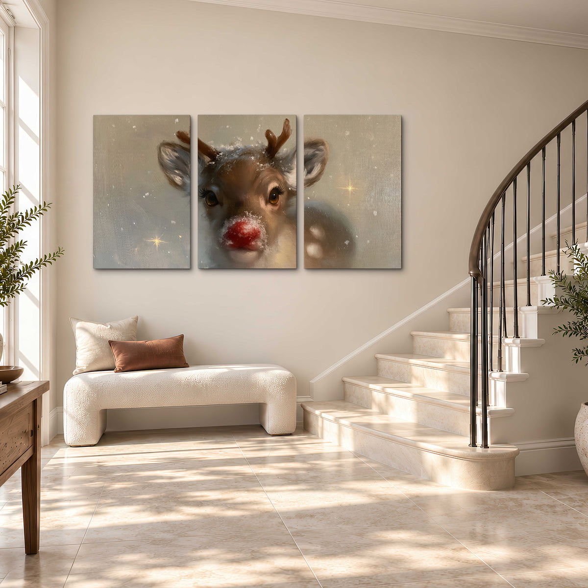 A young reindeer with a bright red nose surrounded by soft snowflakes and tiny painted stars 3 piece canvas wall art styled in an interior