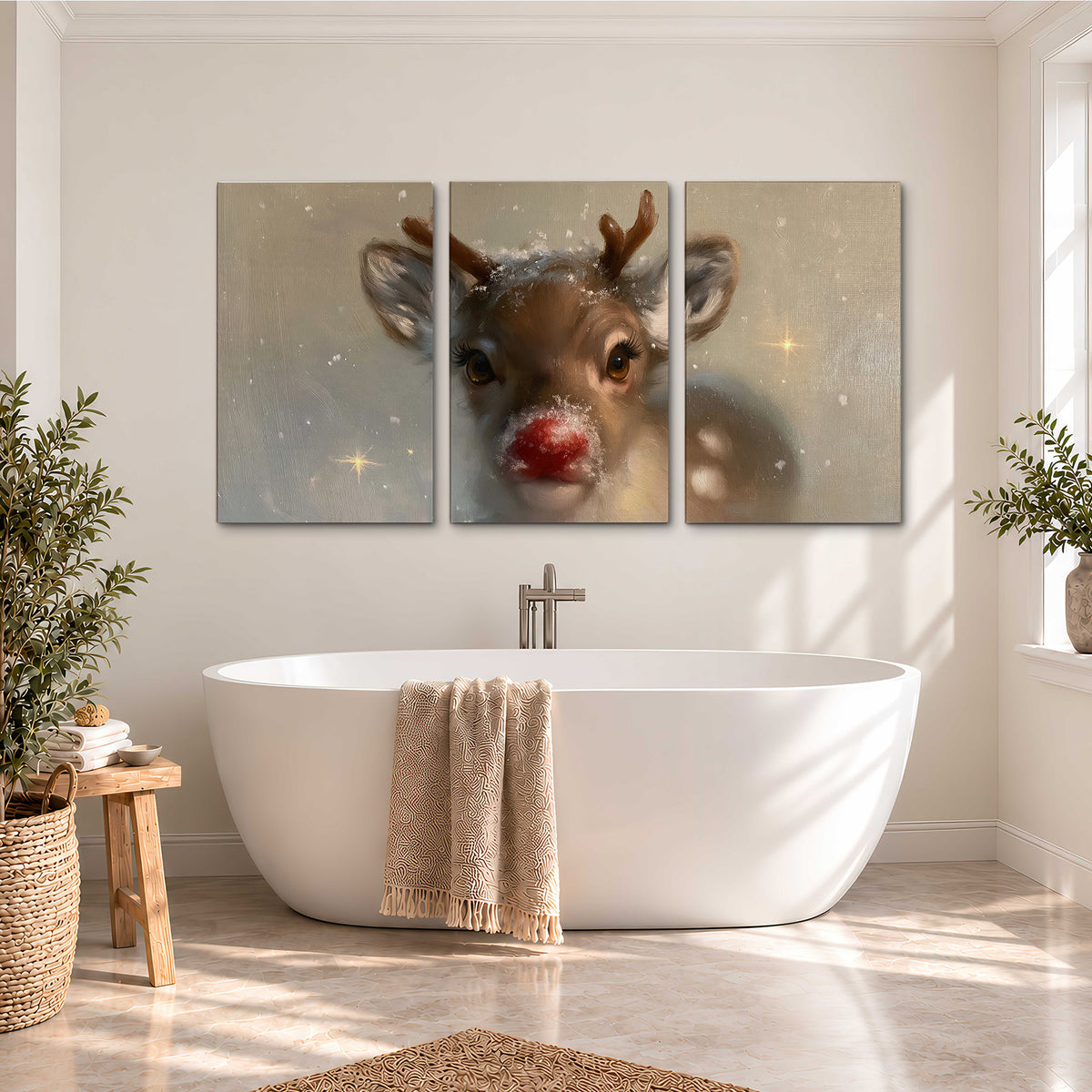 A young reindeer with a bright red nose surrounded by soft snowflakes and tiny painted stars 3 piece canvas wall art styled in an interior